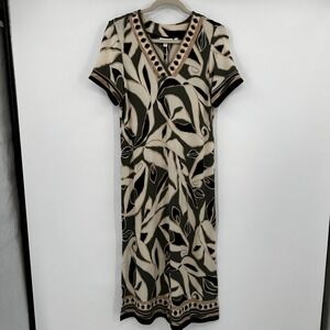 Chicos‎ V-Neck Midi Dress Abstract Leaf Print Olive Cream Black Size 0 S